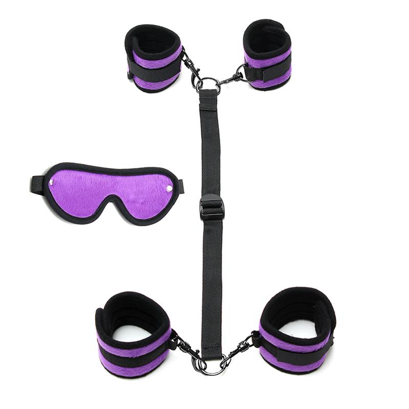 BONDAGE PLAY - HAND TO ANKLE CUFFS WITH MASK ADJUSTABLE PURPLE
