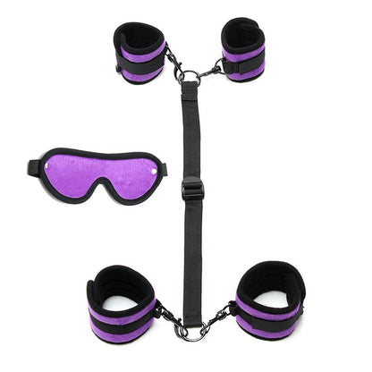 BONDAGE PLAY - HAND TO ANKLE CUFFS WITH MASK ADJUSTABLE PURPLE