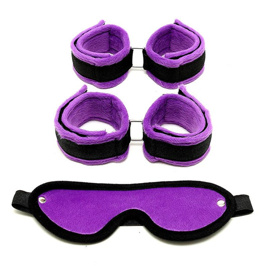BONDAGE PLAY - HANDCUFFS FOOT CUFFS AND MASK PURPLE