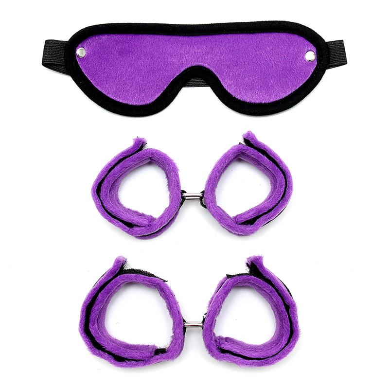 BONDAGE PLAY - HANDCUFFS FOOT CUFFS AND MASK PURPLE