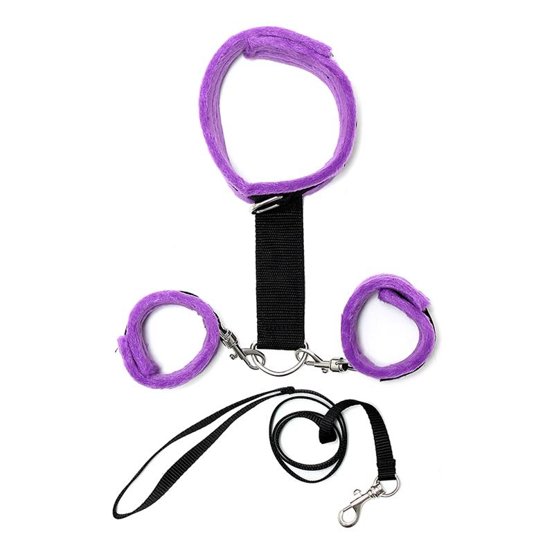 BONDAGE PLAY - HANDCUFFS TO COLLAR WITH LEASH ADJUSTABLE AND DETACHABLE PURPLE