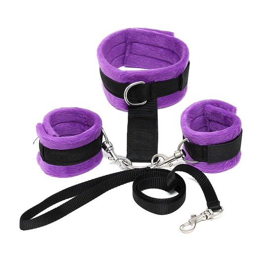 BONDAGE PLAY - HANDCUFFS TO COLLAR WITH LEASH ADJUSTABLE AND DETACHABLE PURPLE