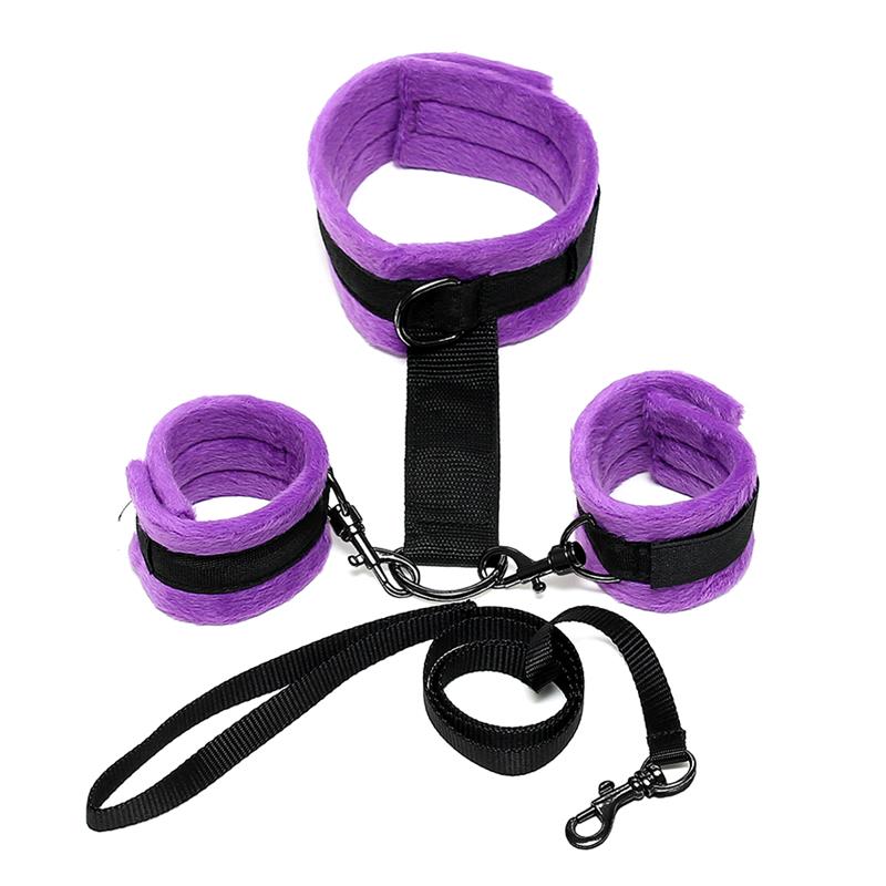 BONDAGE PLAY - HANDCUFFS TO COLLAR WITH LEASH ADJUSTABLE AND DETACHABLE PURPLE