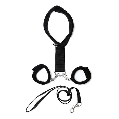 BONDAGE PLAY - HANDCUFFS TO COLLAR WITH LEASH ADJUSTABLE BLACK