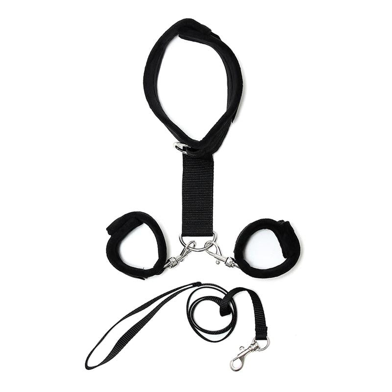 BONDAGE PLAY - HANDCUFFS TO COLLAR WITH LEASH ADJUSTABLE BLACK