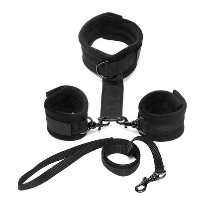 BONDAGE PLAY - HANDCUFFS TO COLLAR WITH LEASH ADJUSTABLE BLACK