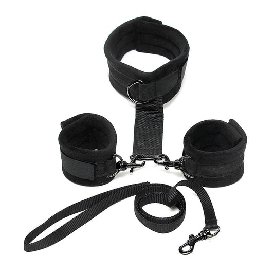 BONDAGE PLAY - HANDCUFFS TO COLLAR WITH LEASH ADJUSTABLE BLACK