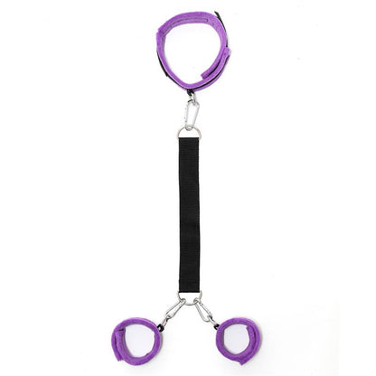 BONDAGE PLAY - HANDCUFFS TO COLLAR WITH LEASH ADJUSTABLE PURPLE