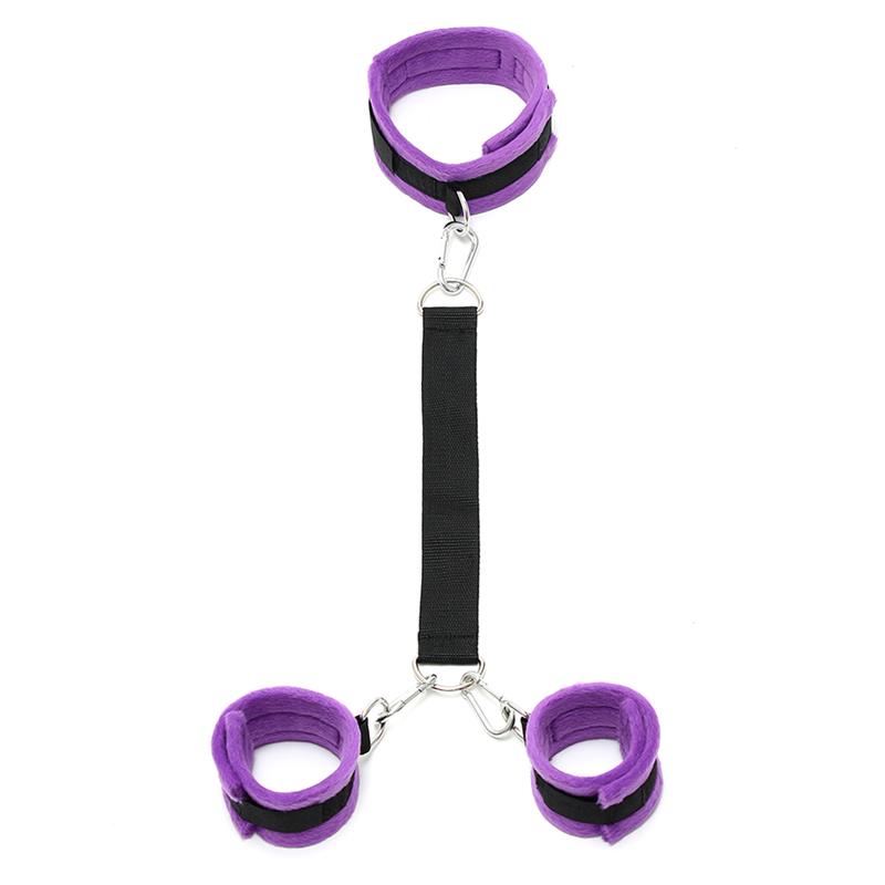 BONDAGE PLAY - HANDCUFFS TO COLLAR WITH LEASH ADJUSTABLE PURPLE