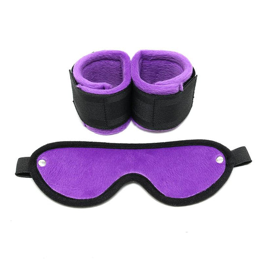 JUEGO DE BONDAGE - ESPOSAS CON MÁSCARA AJUSTABLES PÚRPURA