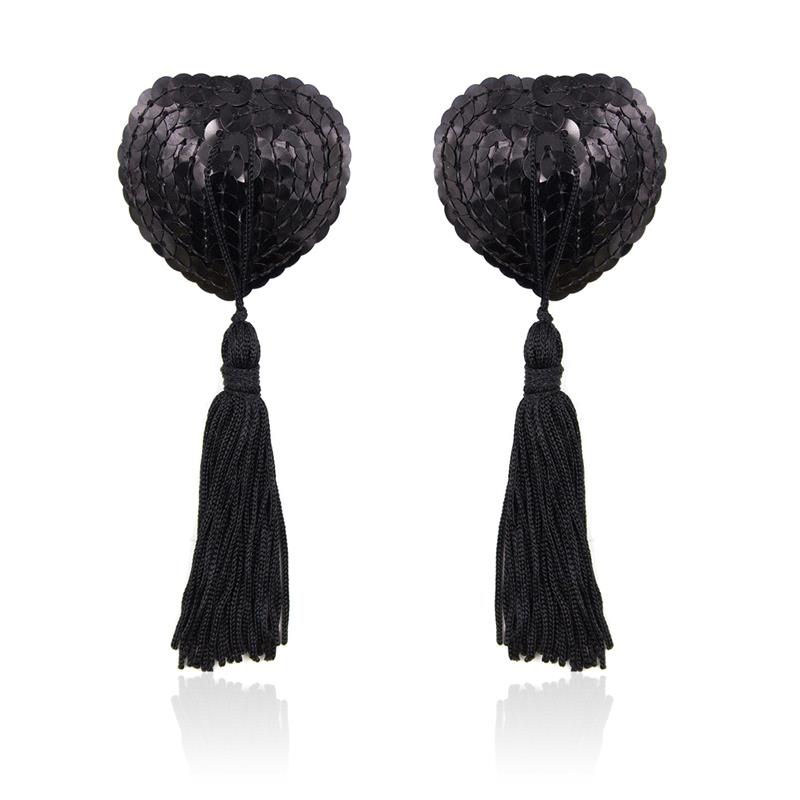LATETOBED BDSM LINE - SELF-ADHESIVE HEART SEQUIN NIPPLE COVER WITH TASSEL BLACK