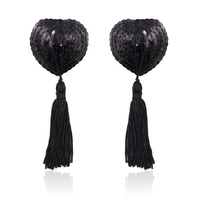 LATETOBED BDSM LINE - SELF-ADHESIVE HEART SEQUIN NIPPLE COVER WITH TASSEL BLACK