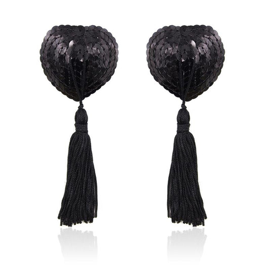 LATETOBED BDSM LINE - SELF-ADHESIVE HEART SEQUIN NIPPLE COVER WITH TASSEL BLACK