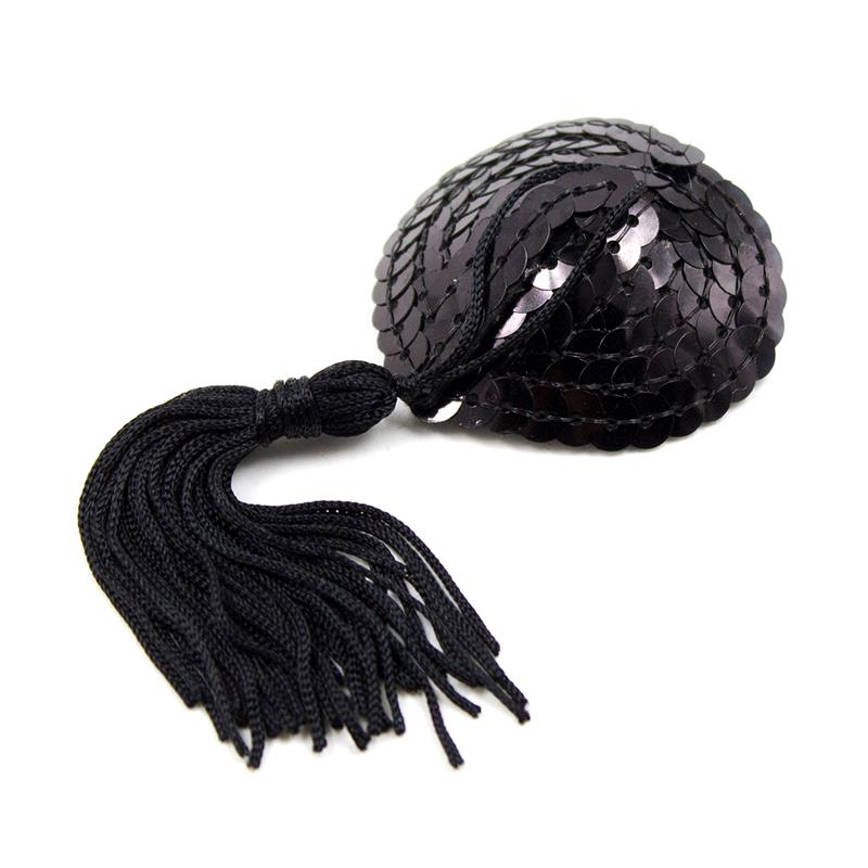 LATETOBED BDSM LINE - SELF-ADHESIVE HEART SEQUIN NIPPLE COVER WITH TASSEL BLACK
