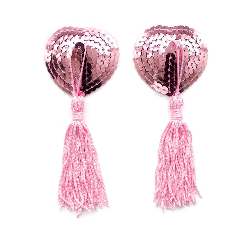 LATETOBED BDSM LINE - SELF-ADHESIVE HEART SEQUIN NIPPLE COVER WITH TASSEL PINK