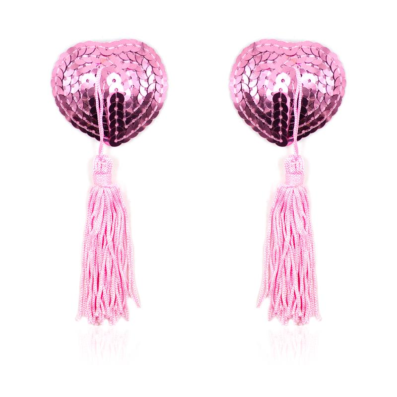LATETOBED BDSM LINE - SELF-ADHESIVE HEART SEQUIN NIPPLE COVER WITH TASSEL PINK