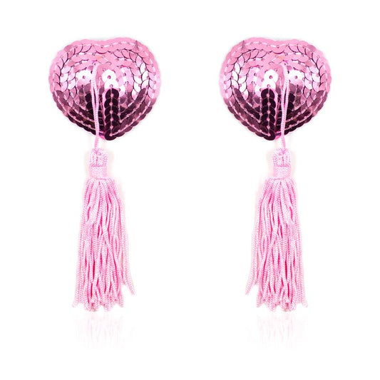 LATETOBED BDSM LINE - SELF-ADHESIVE HEART SEQUIN NIPPLE COVER WITH TASSEL PINK