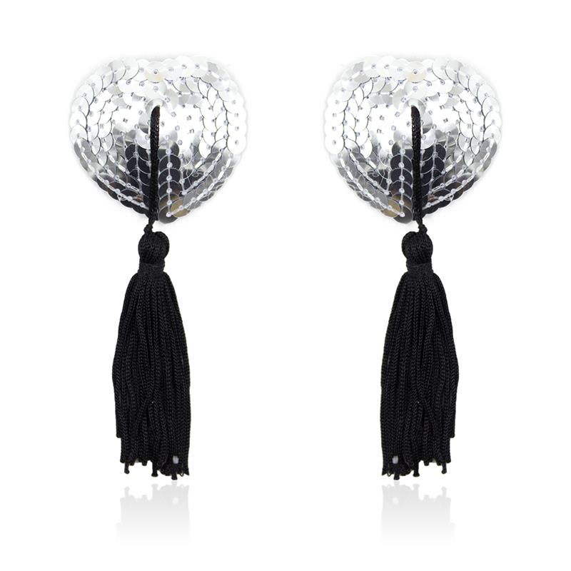 LATETOBED BDSM LINE - SELF-ADHESIVE HEART SEQUIN NIPPLE COVER WITH TASSEL SILVER/BLACK