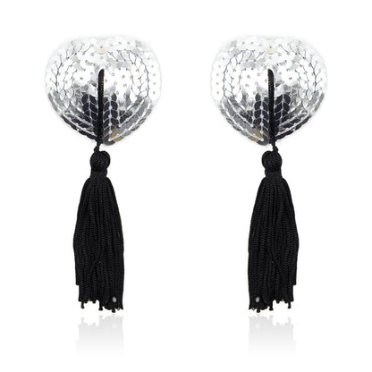 LATETOBED BDSM LINE - SELF-ADHESIVE HEART SEQUIN NIPPLE COVER WITH TASSEL SILVER/BLACK