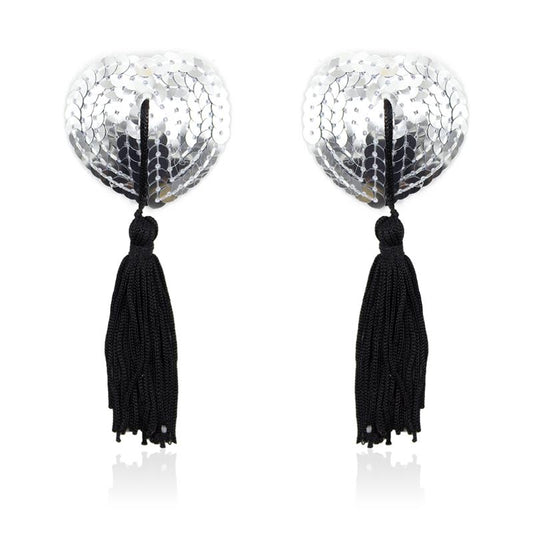 LATETOBED BDSM LINE - SELF-ADHESIVE HEART SEQUIN NIPPLE COVER WITH TASSEL SILVER/BLACK