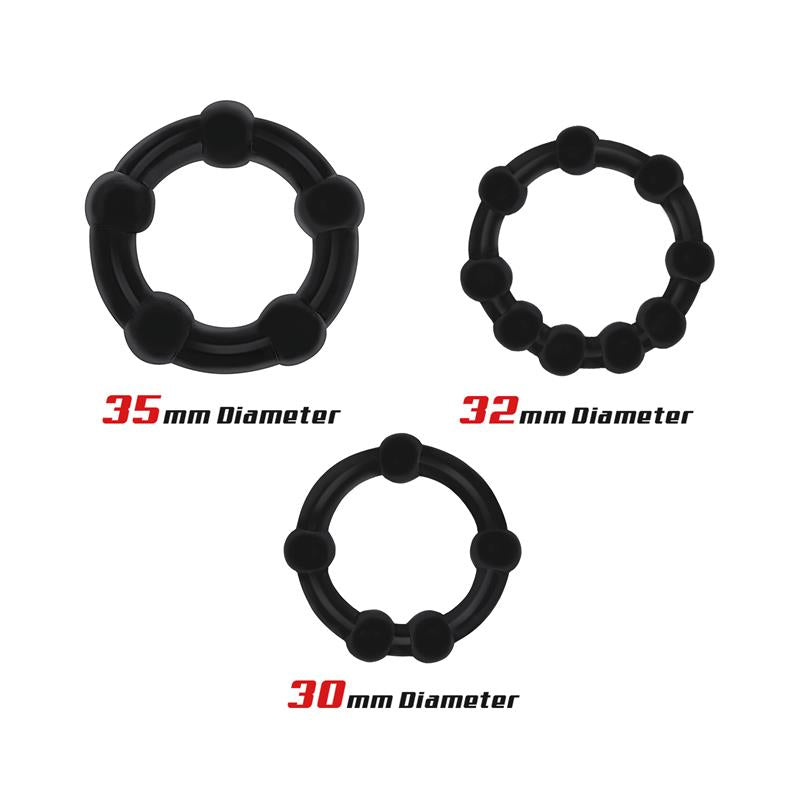BEAST RINGS - SET OF 3 COCK RING BEADED FLEXIBLE BLACK