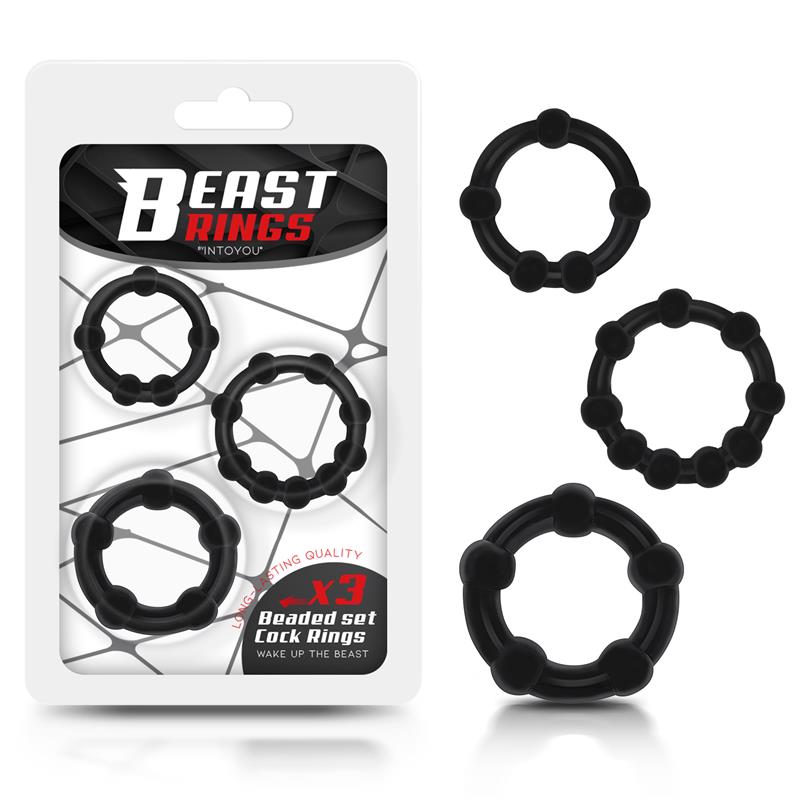 BEAST RINGS - SET OF 3 COCK RING BEADED FLEXIBLE BLACK