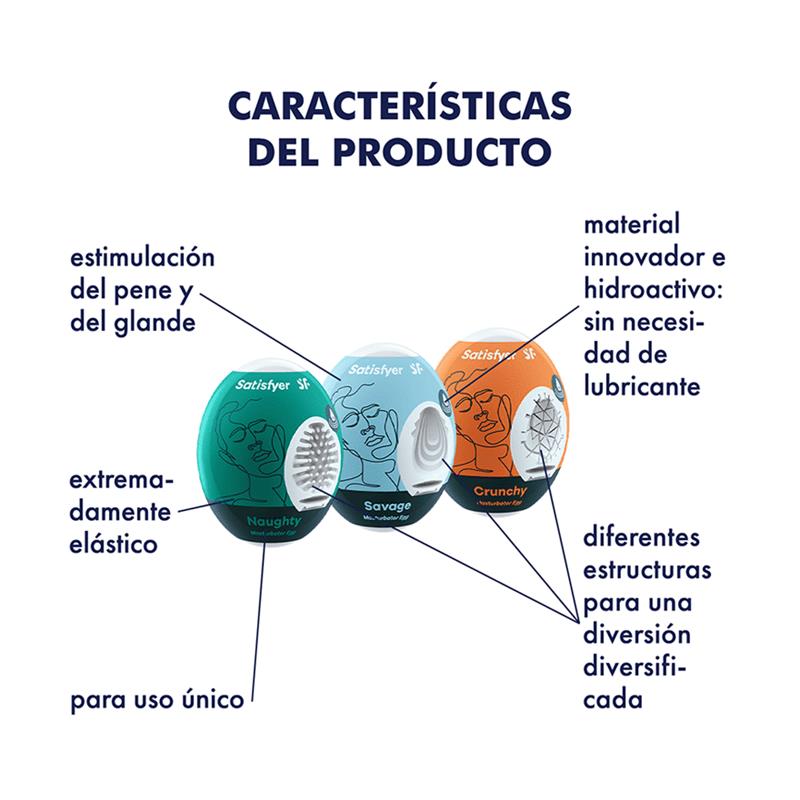 SATISFYER - 3 MASTURBATOR EGGS NAUGHTY, SAVAGE & CRUNCHY