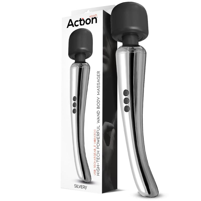 ACTION - SILVERY HIGH-TECH WAND SUPER POWERFUL WIRELESS USB CHROME SILICONE