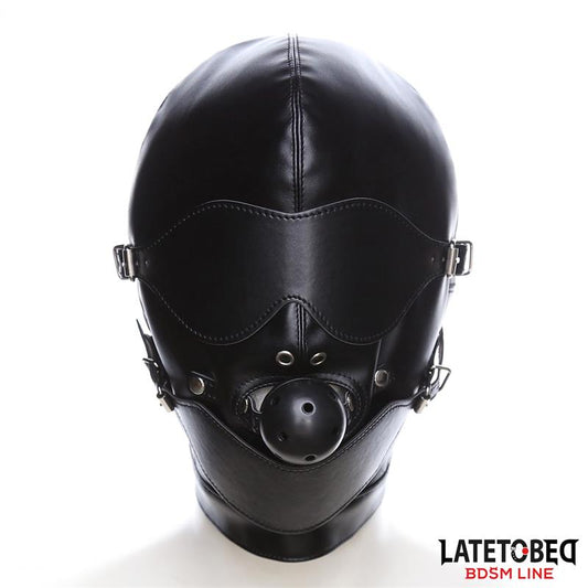 LATETOBED BDSM LINE - SLAVE HOOD WITH EYE MASK BREATHABLE GAG BALL AND MOUTH ADJUSTABLE
