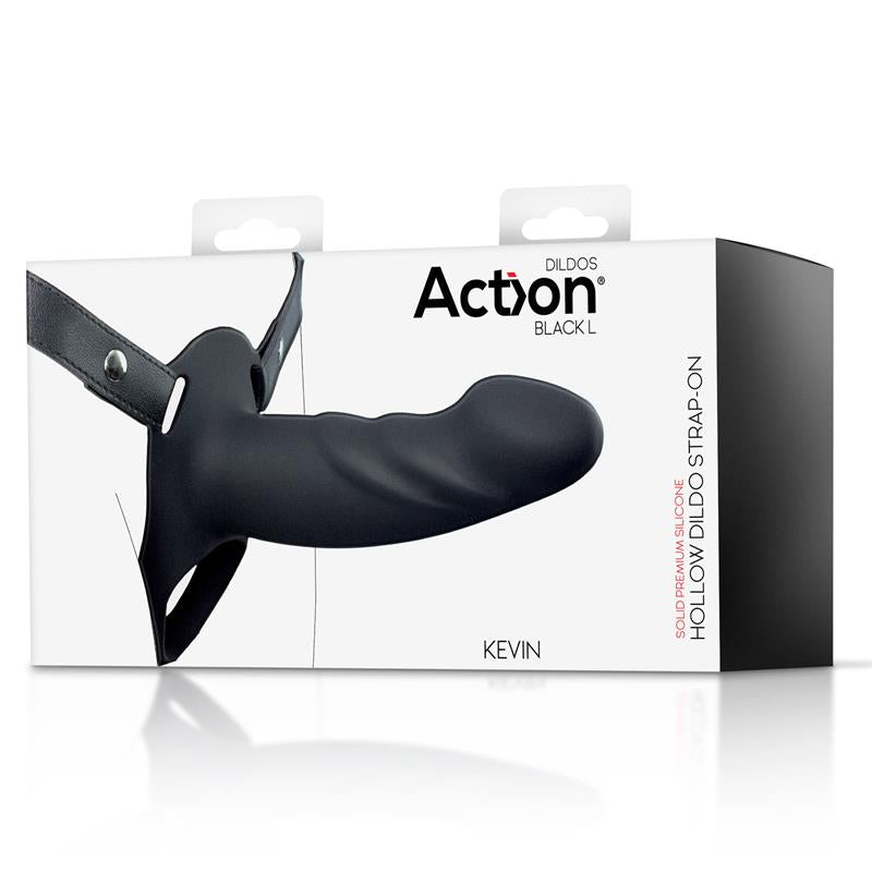 ACTION - STRAP-ON WITH HOLLOW DILDO PREMIUM SILICONE SIZE L BLACK