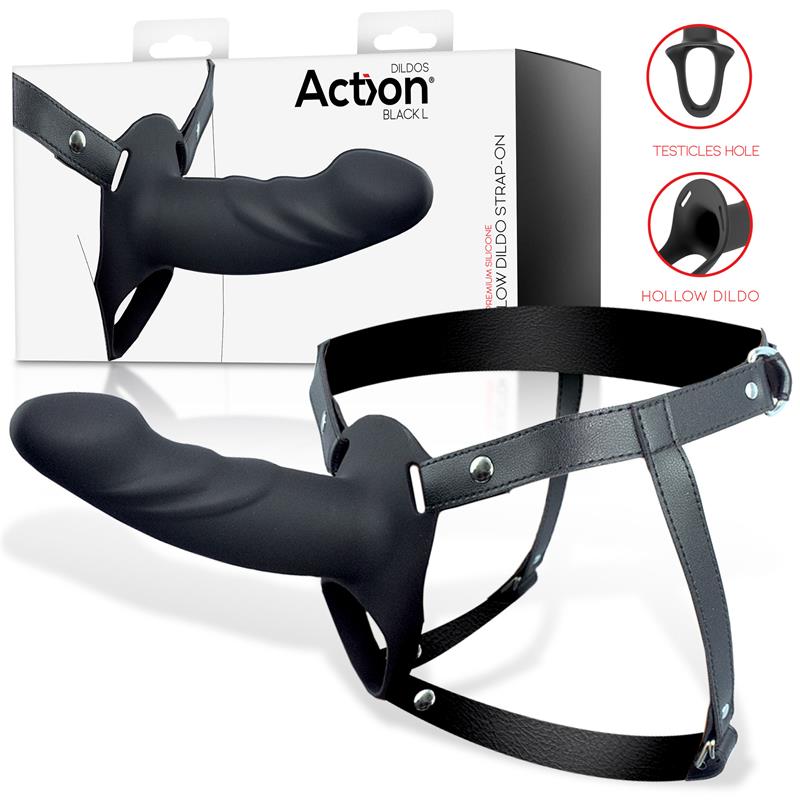 ACTION - STRAP-ON WITH HOLLOW DILDO PREMIUM SILICONE SIZE L BLACK