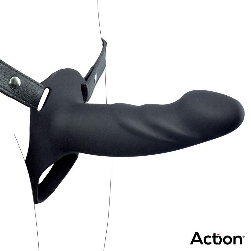 ACTION - STRAP-ON WITH HOLLOW DILDO PREMIUM SILICONE SIZE L BLACK