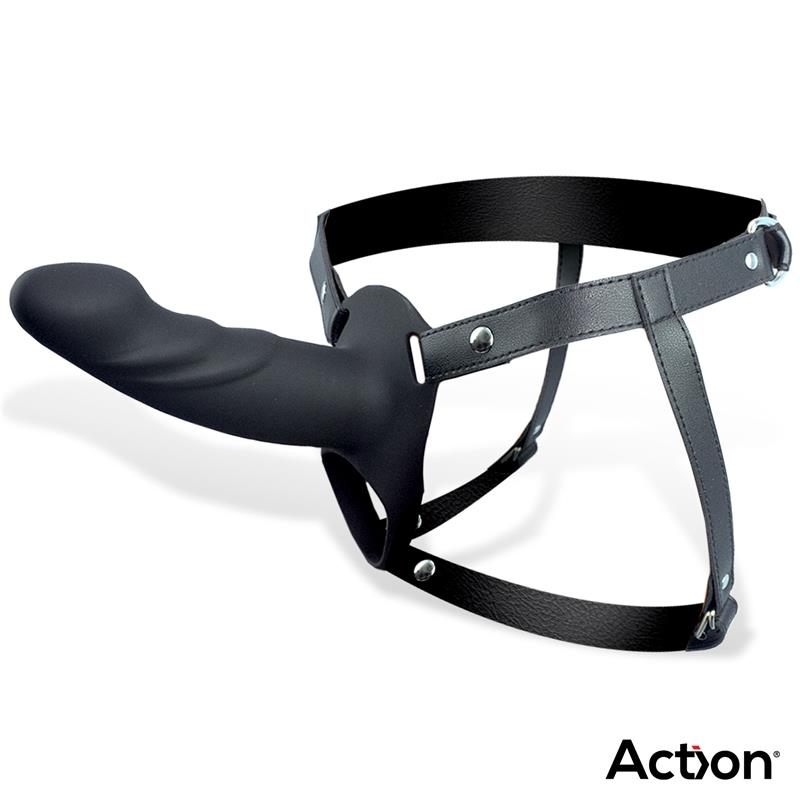 ACTION - STRAP-ON WITH HOLLOW DILDO PREMIUM SILICONE SIZE L BLACK