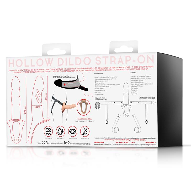 ACCIÓN - ARNÉS CON DILDO HUECO DE SILICONA PREMIUM TALLA L COLOR CARNE