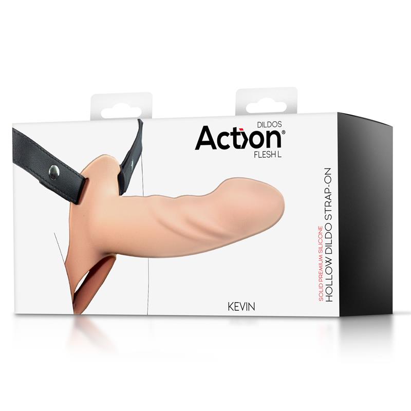 ACTION - STRAP-ON WITH HOLLOW DILDO PREMIUM SILICONE SIZE L FLESH