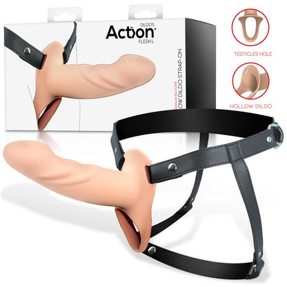ACCIÓN - ARNÉS CON DILDO HUECO DE SILICONA PREMIUM TALLA L COLOR CARNE