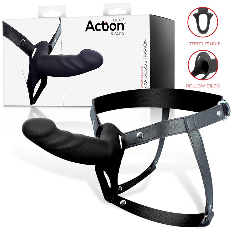 ACTION - STRAP-ON WITH HOLLOW DILDO PREMIUM SILICONE SIZE S BLACK