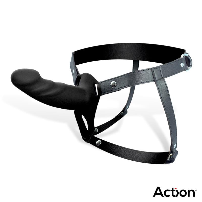 ACTION - STRAP-ON WITH HOLLOW DILDO PREMIUM SILICONE SIZE S BLACK