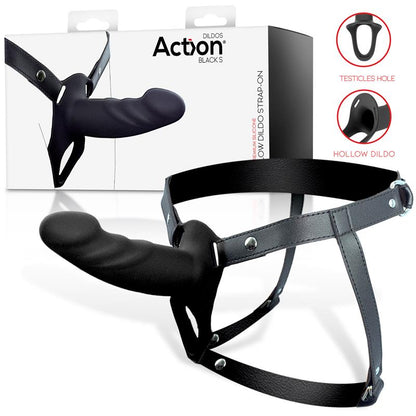 ACTION - STRAP-ON WITH HOLLOW DILDO PREMIUM SILICONE SIZE S BLACK
