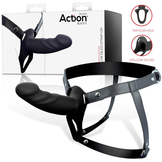 ACTION - STRAP-ON WITH HOLLOW DILDO PREMIUM SILICONE SIZE S BLACK