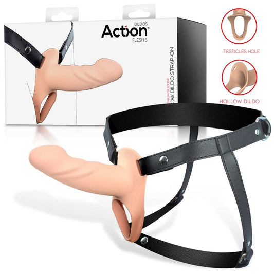 ACTION - STRAP-ON WITH HOLLOW DILDO PREMIUM SILICONE SIZE S FLESH