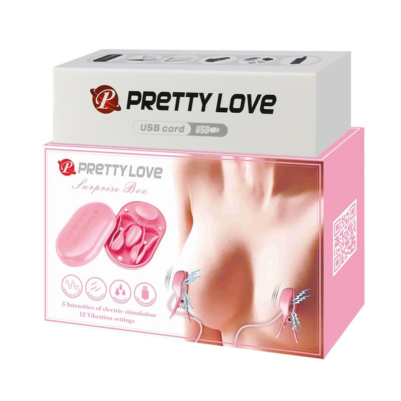 PRETTYLOVE - SURPRISE BOX VIBRATING EGG AND ELECTRIC SHOCK NIPPLE CLAMPS PINK