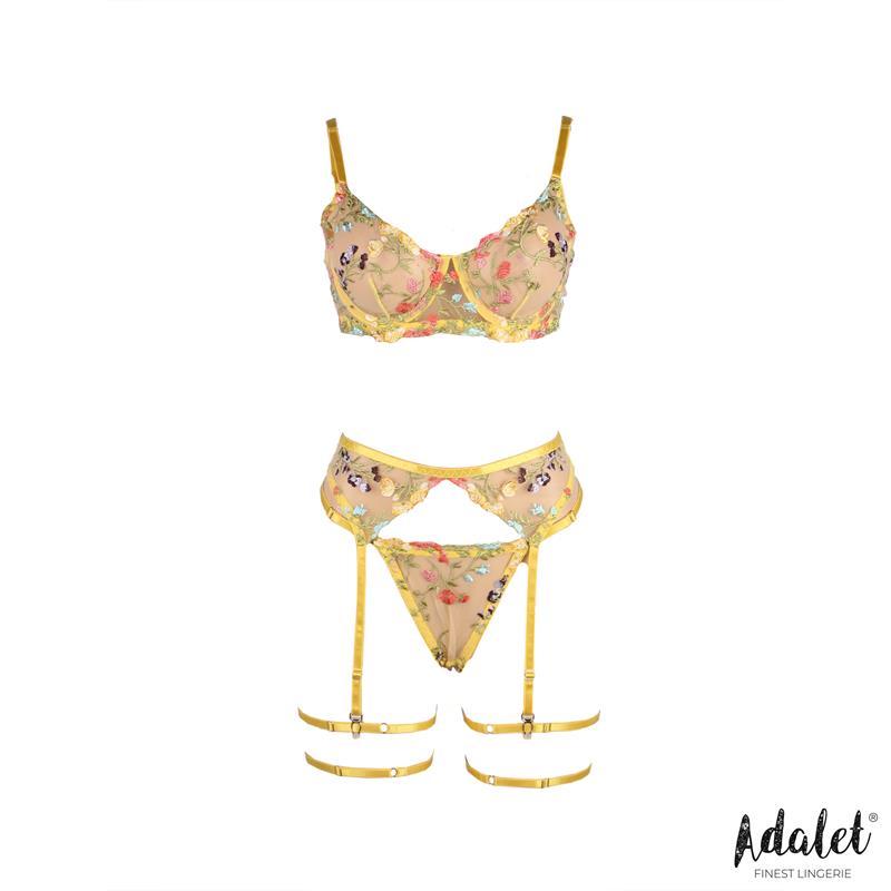 ADALET LINGERIE - ZOEY BRA, THONG, GARTER BELT, AND YELLOW FLORAL GARTERS SET