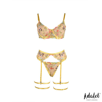 ADALET LINGERIE - ZOEY BRA, THONG, GARTER BELT, AND YELLOW FLORAL GARTERS SET
